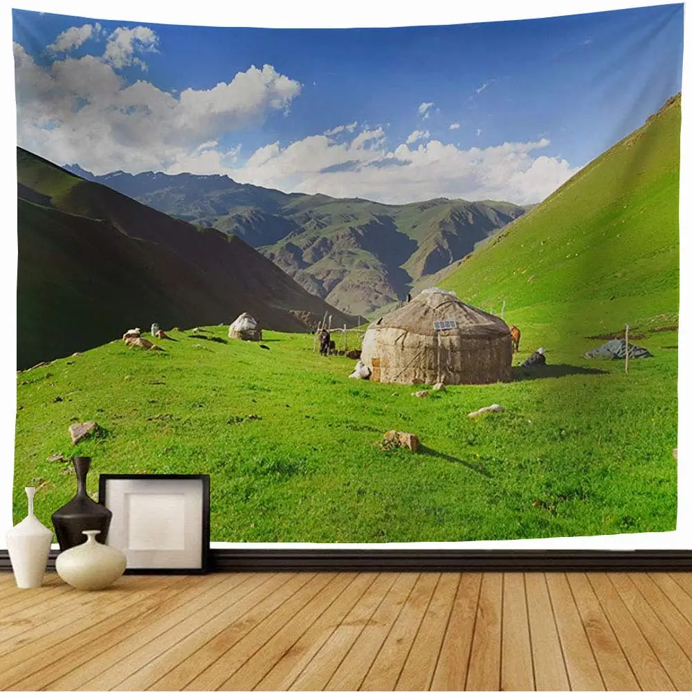 Green Field Blue Sky Tapestry Spring Nature View Picturesque Pasture Tapestry Wall Hanging for Living Room Bedroom Home Decor