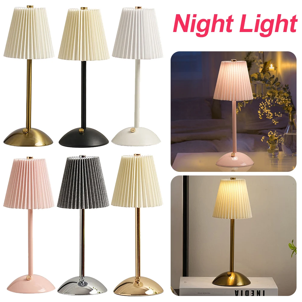 Pleated Shade Nightstand Lamp Soft Light Decorative Light with Metal Base Rechargeable for Living Room Bedroom