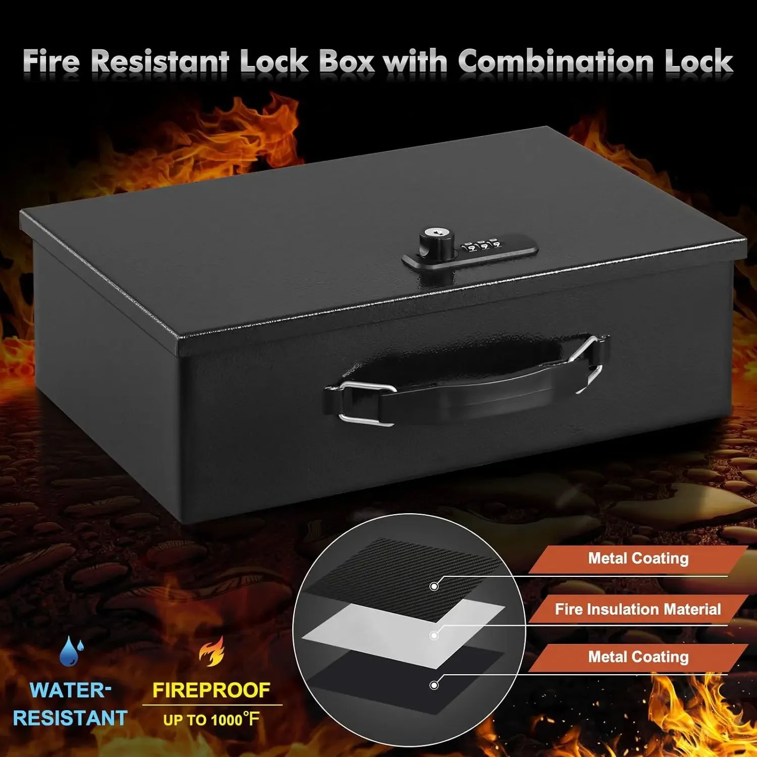 Fireproof Lock Box para documentos, combinação dupla, chave de segurança Lock Chest, alça de transporte, cofre para manter itens pessoais