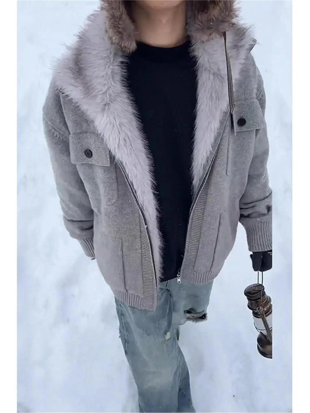 

Men's Knitted Fce Lined Thiened Warm Cotton Jaet Coat with Fur Collar Autumn Winter Casual Outerwear Youth Faion