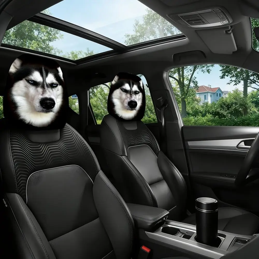 2Pcs Husky Headrest Covers with Funny Skeptical Face, 2D Printed Elastic Universal Car Seat Headrest Protector