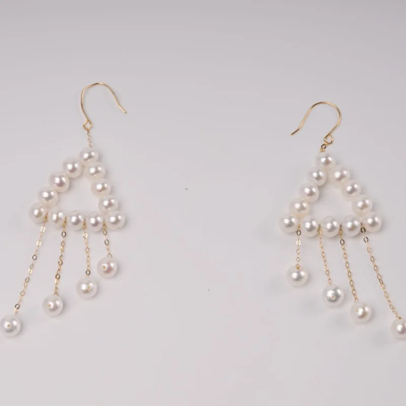 

NEW 18K yellow Gold earrings real natural freshwater Pearl Earrings Round Au750 tassels Party Wedding Gift For Women E1021