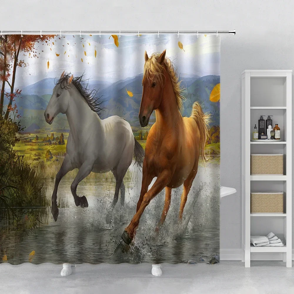 Western Horse Shower Curtain Watercolor Horses Run in Farm Field Animal Decor Shower Curtain Hooks Bath Curtain Polyester Fabric