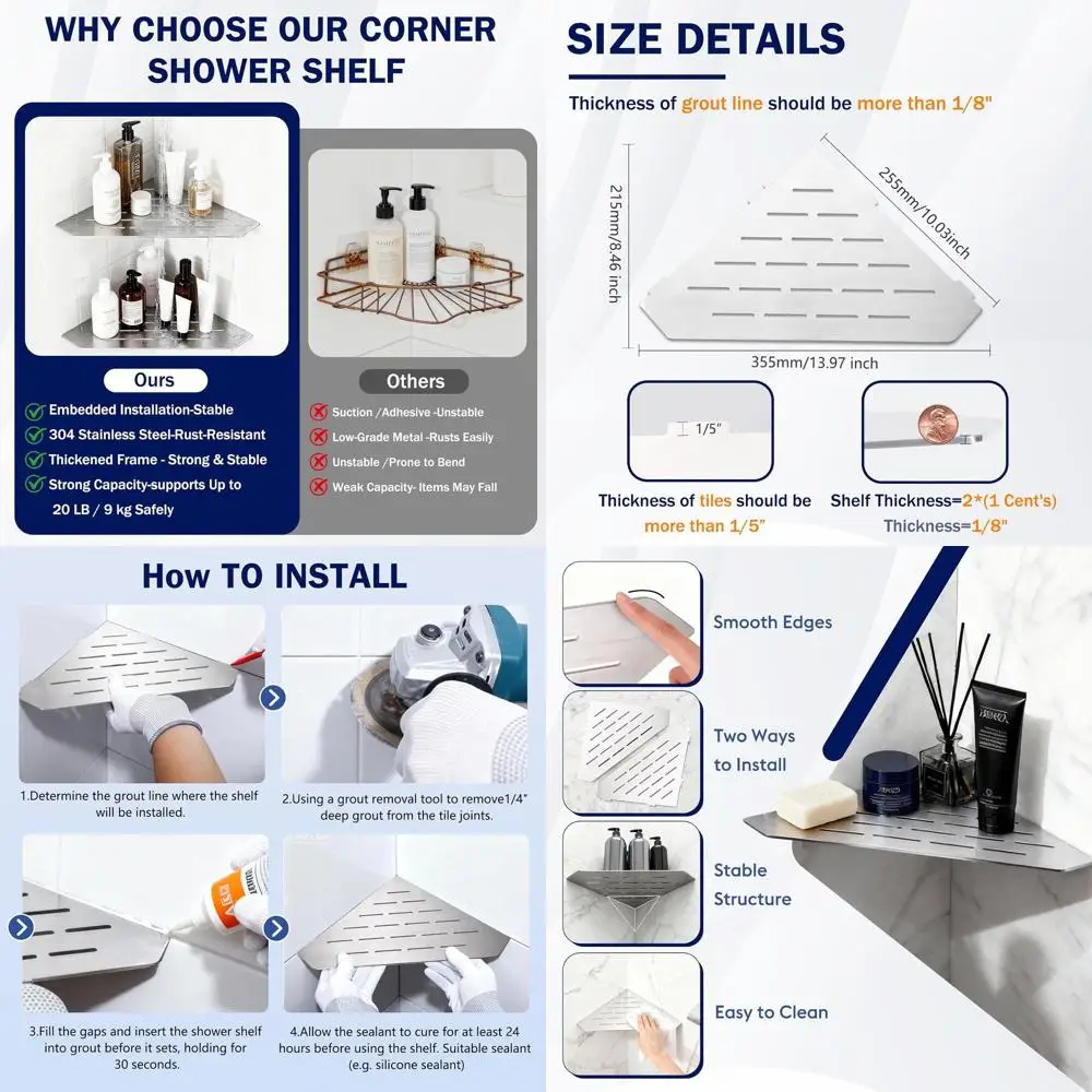

Double-Layer Stainless Steel Shower Shelves, Heavy Duty Floating Design, No Drilling for Tiled Walls