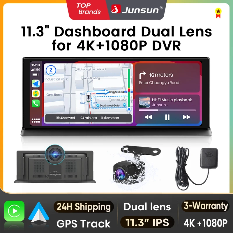 Junsun 11,3 pouces 4K Caméra embarquée DVR sans fil CarPlay Android Auto Caméra de tableau de bord Double objectif Enregistreur vidéo Navigation GPS Écran FM
