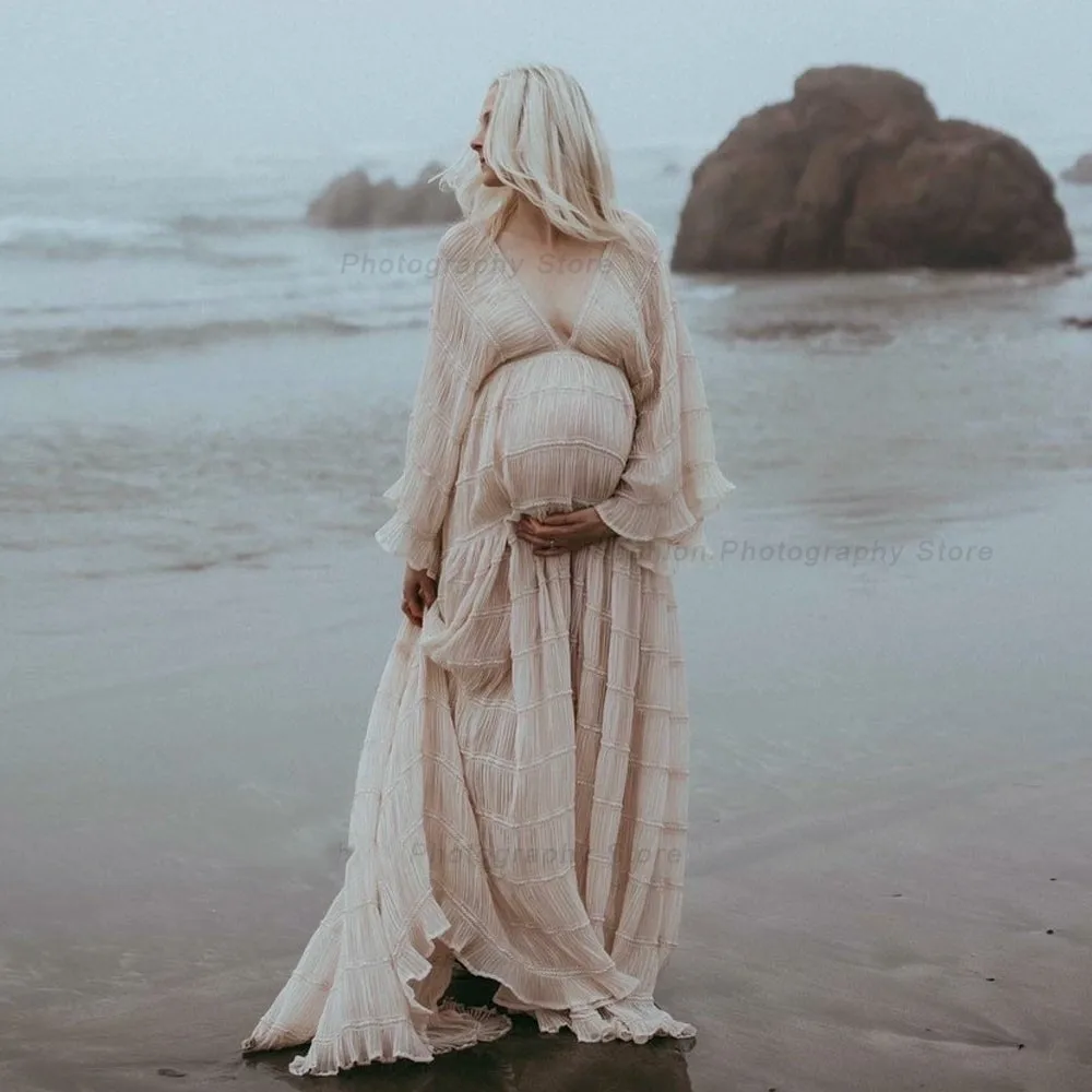 Boho Maternity Dresses For Photo Shoot Sexy V-neck Pleated Chiffon Long Sleeve Ruffle Pregnancy Dress Women\'s Photography Gowns