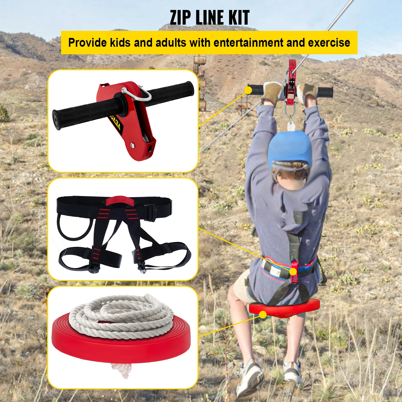 VEVOR 100FT Khóa Kéo Dòng Bộ Dụng Cụ Dùng Cho Sân Sau Đường Zip Dành Cho Trẻ Em Và Người Lớn, kèm Ghế Ngồi Xích Đu Đường Zip Phanh Và Thép Xe Đẩy