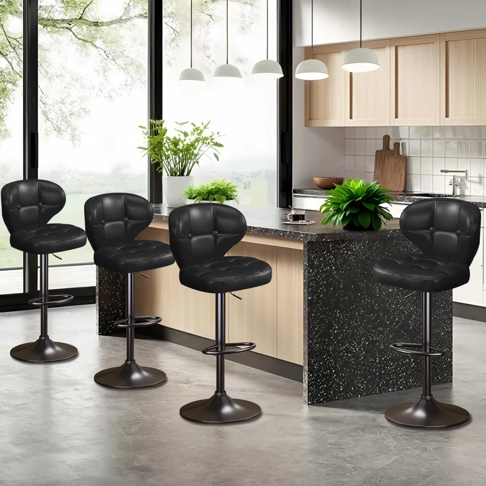 Bar Stools Set of 4, Adjustable Swivel Counter Height Chairs with Backrest and Footrest, Faux Leather Bar Chairs for Kitchen