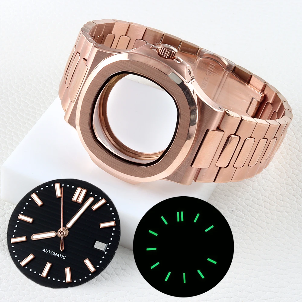 

Rose Gold 40mm NH35 Watch Case For Modified Nautilus nh35 nh36 nh38 Movement 29.8mm Dial and Hands Green Luminous Watch Parts