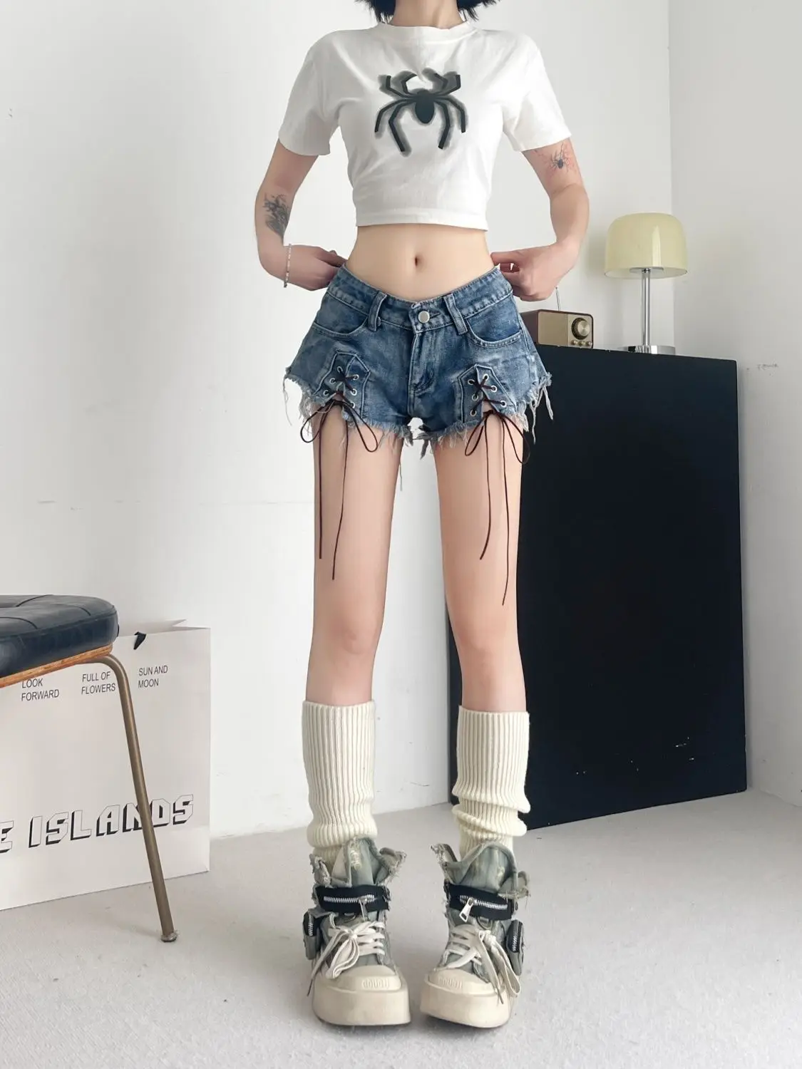 sexy lace-up low-rise denim shorts 2025 summern new women's jeans y2k shorts feminino