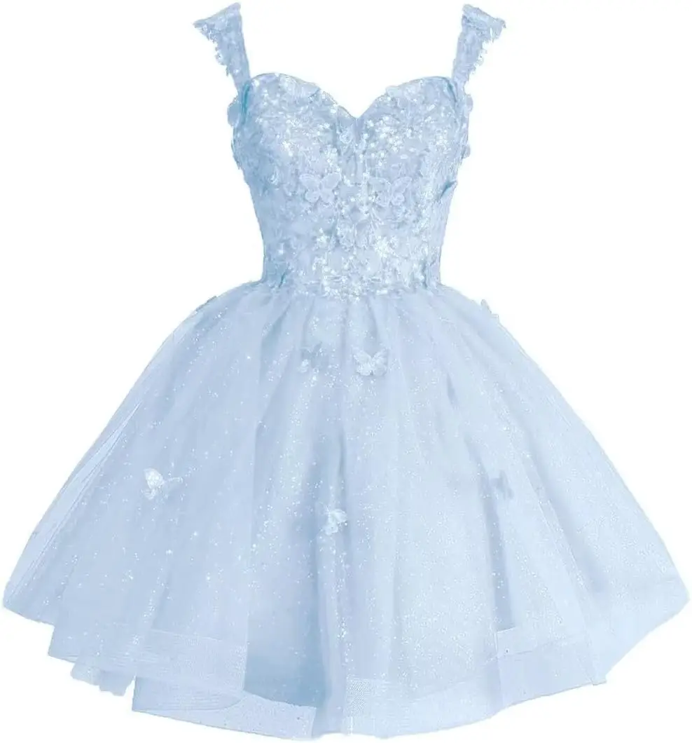 3D 나비 반짝이는 튤 짧은 홈커밍 드레스 - 십대들을 위한 오프숄더 미니 가운 반짝이는 칵테일 파티 드레스 무릎 위