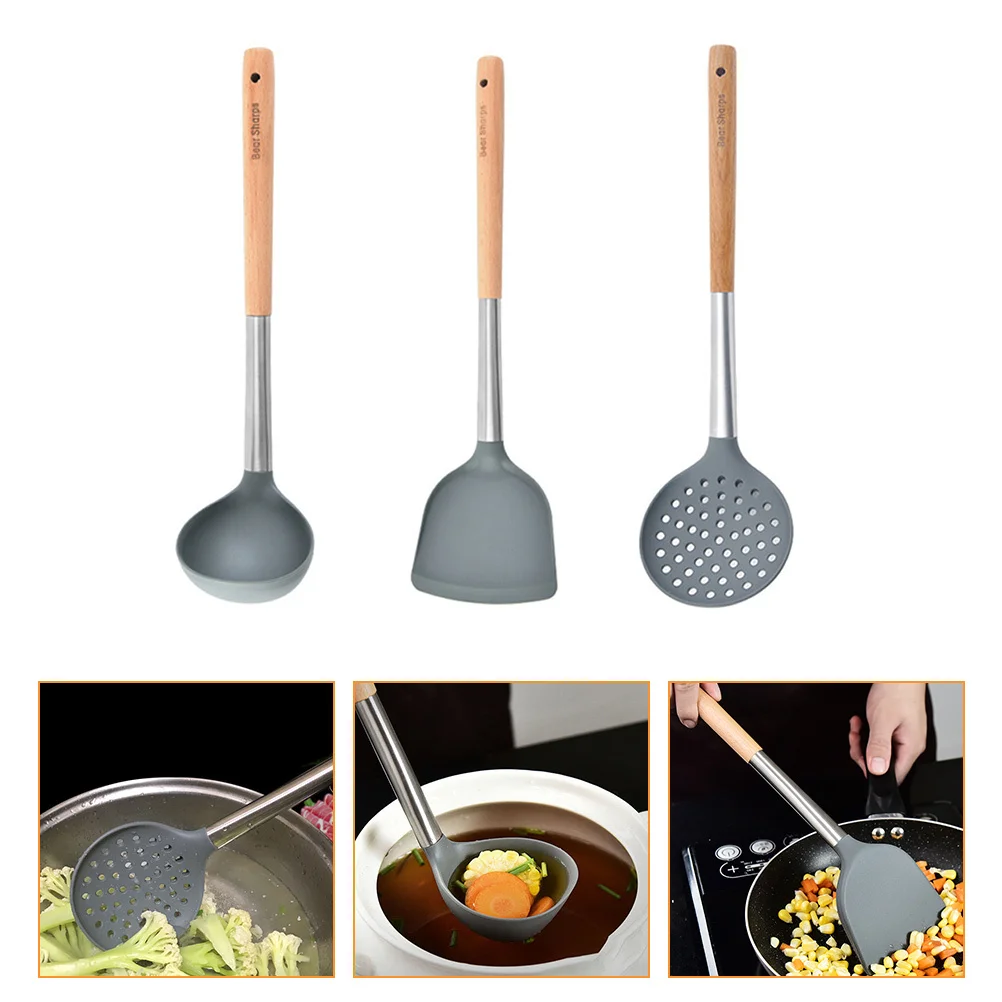 

Kitchen Utensils Set Silicone Wood Handle Cooking Tools Heat Resistant Storage Hole Home Restaurant Hotel Kitchen Supply