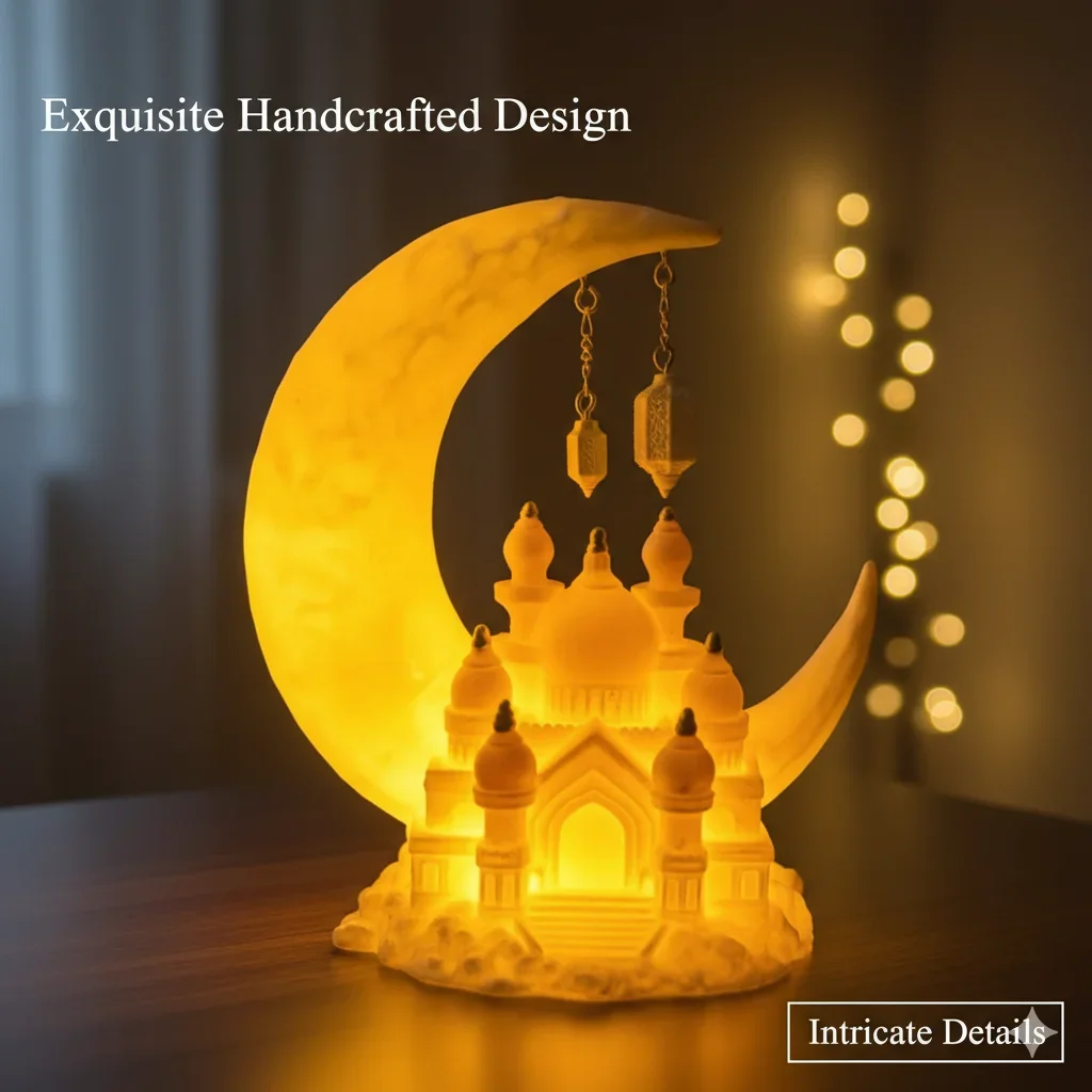 Ramadan Crescent Moon LED Lamp With Mosque Castle Design Islamic Home Decor Eid Mubarak Table Light Muslim Festival Ornament