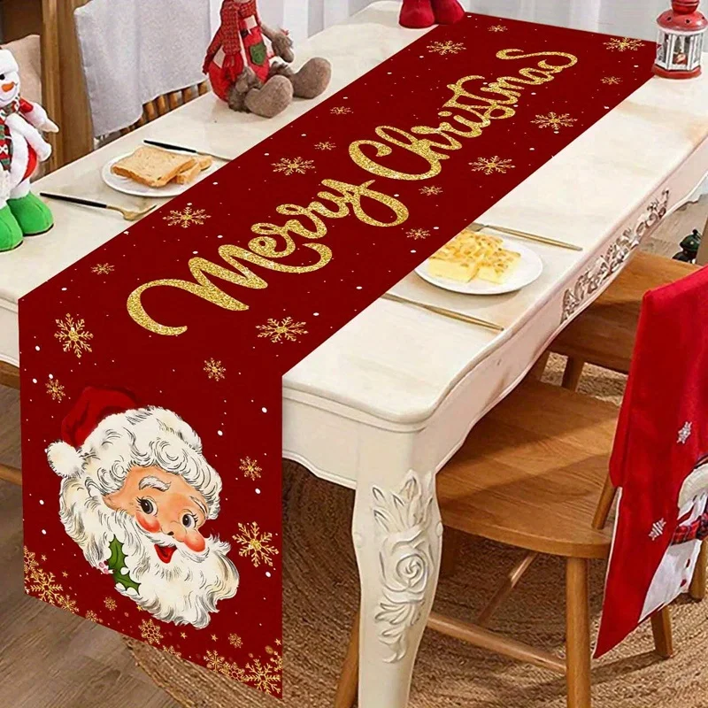 VIKAMA Merry Christmas Home Decor Table Runner Red Gold Script Santa Snowflake Dining Table Runner Holiday Celebration