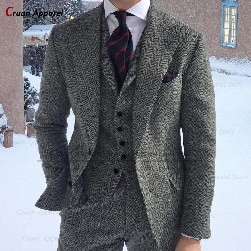 Herringbone Suit Men 3 Pieces Formal Business Tweed Tuxedo for Men Tailor-made Retro Wedding Men's Suit Jacket Vest Pants Set