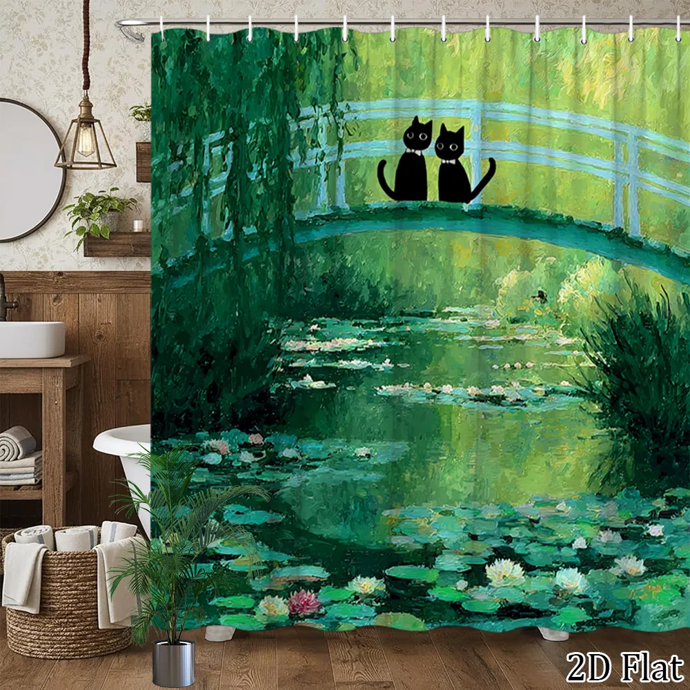 Cute Cat Pond Garden Shower Curtain Bathroom Decor Waterproof Liner Japanese Willow Stream Print Stylish Cat Lover Gift Home Acc