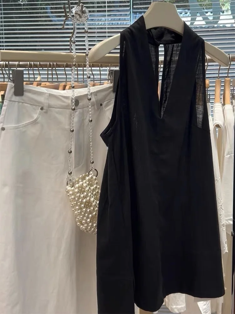 

Черный льняной жилет с открытыми плечами, женский летний ленивый свободный топ с v-образным вырезом для похудения, корейский повседневный костюм для всего тела pes