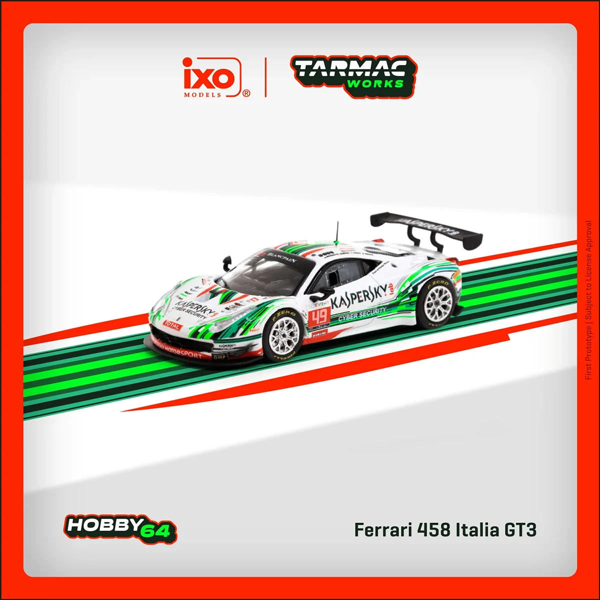 Tarmac Works x ixo Models 1:64 Ferrari 458 Italia GT3 # 49 Modelos de Autos Kaspersky en Metal Fundido a Presión, Disponibles en Stock, Listos para Enviar