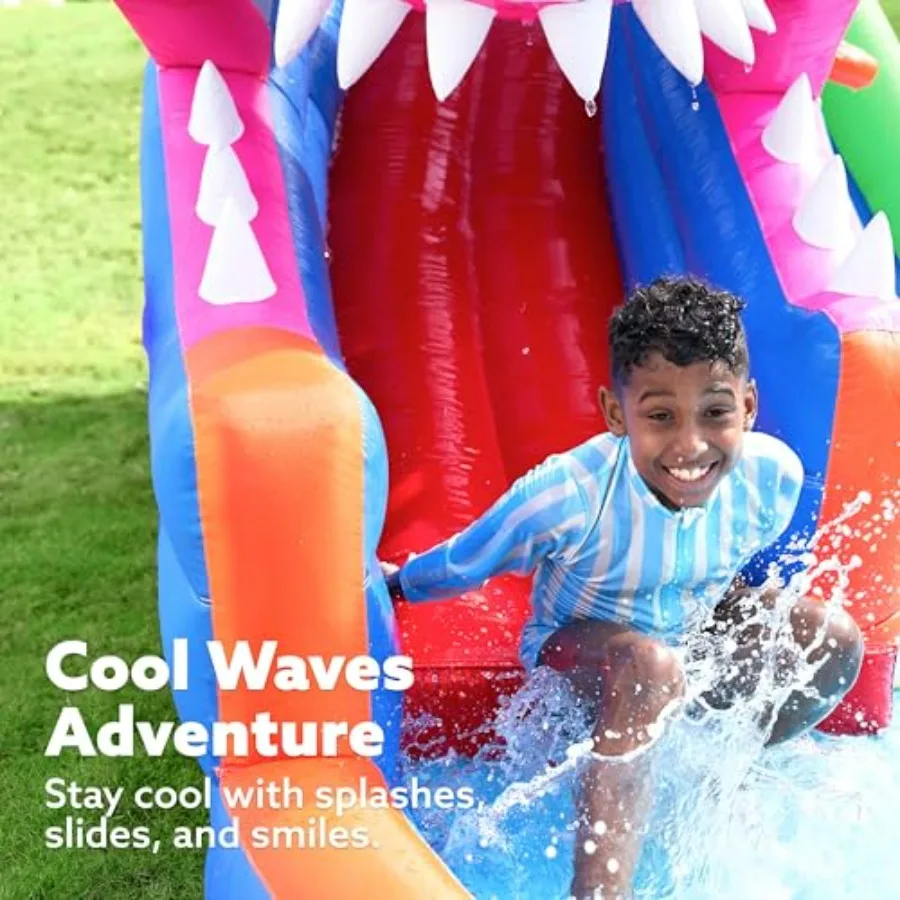 Inflatable Water Slide Park for Backyard 6-in-1 PVC Blue Outdoor Water Park with Splash Pool, Bounce House, Basketball Hoop, Wa view 2
