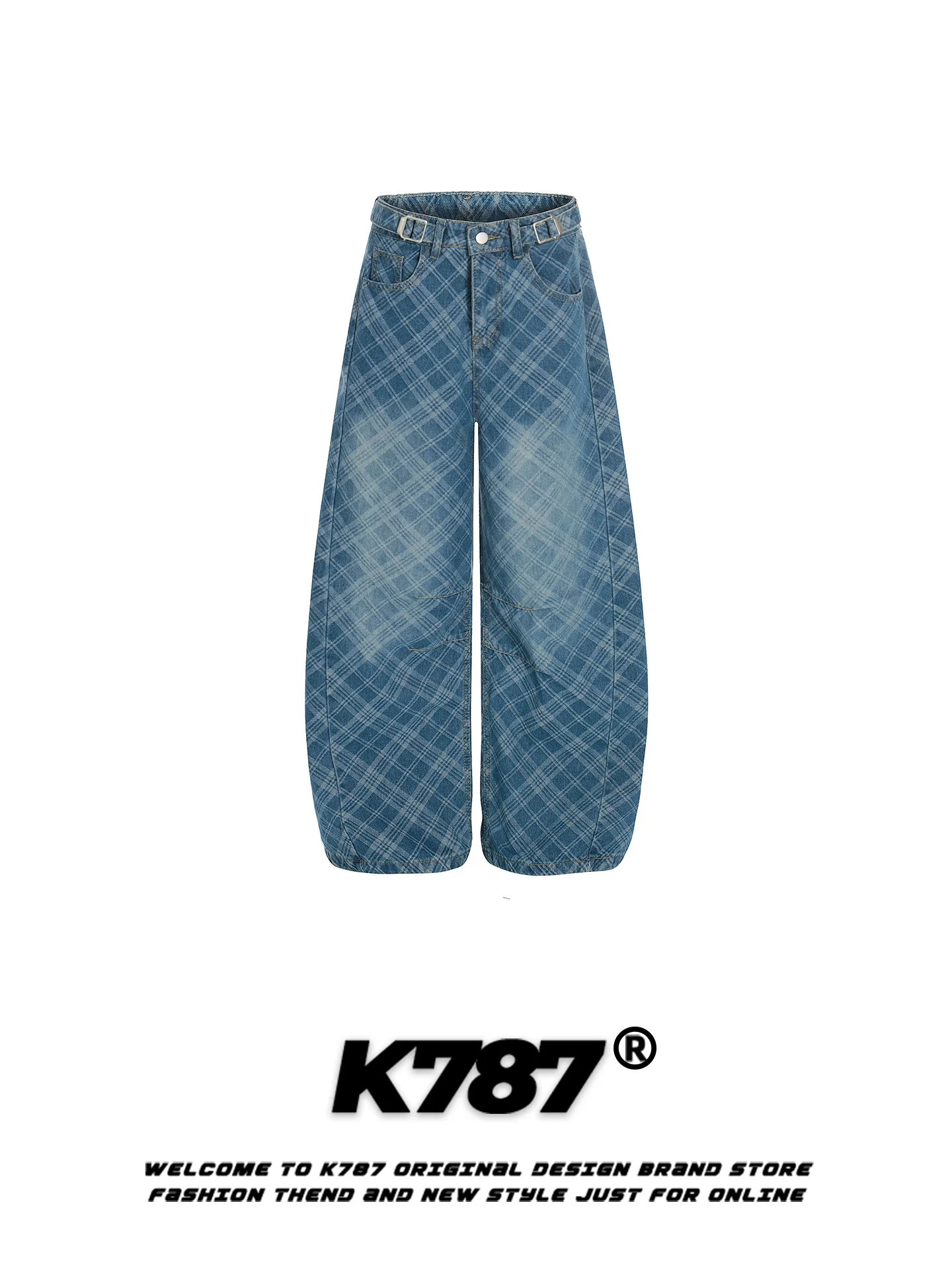 

K787 American Retro Waed Plaid Knife Jeans High Waist Wide Leg Casual Street Sle Jeans for Men And Women