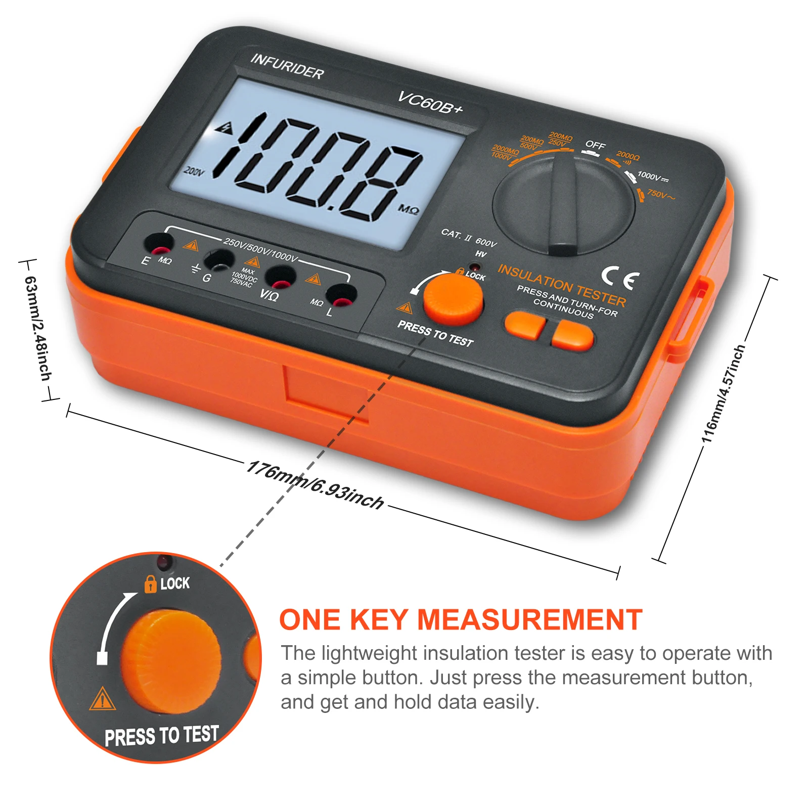 HoldPeak Hochpräzises tragbares Multimeter mit Ohm-Hochspannung, DCV, ACV, Widerstand 0–2000 m, digitales MegOhm-Messgerät, Isolationstester