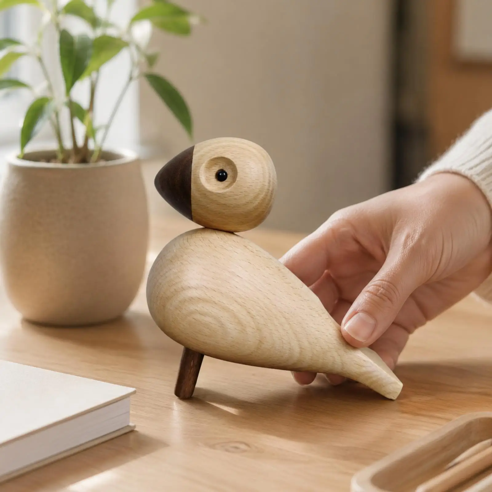 Rustic Wood Bird Sculpture with Scarf for Shelf Desk Console Decor Miniature Beech Wooden Figurine for Farmhouse Style Accent