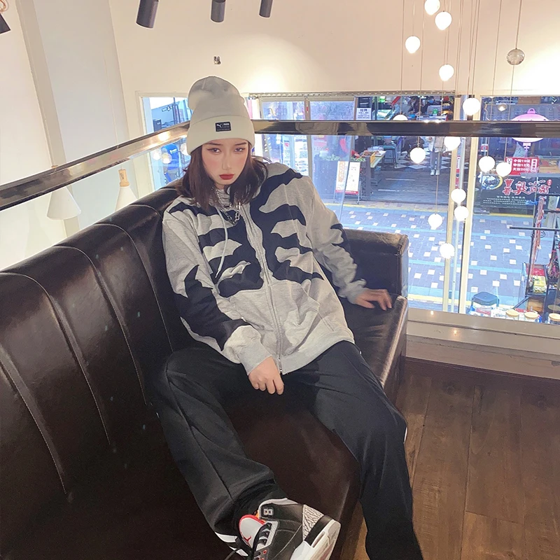 Y2k Oversize Lange Mouw Rits Hoodie Vintage jaren 90 Skeleton Print Streetwear Damesmode Hiphop Goth Punk Sweatshirt Jas