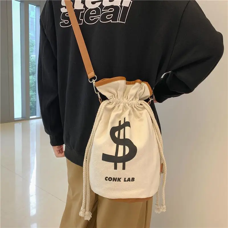 

Drawstring Canvas Bags Men's Women's Shoulder Crossbody Bags Japanese Student Backpacks Trendy Personality Design Bucket Bags