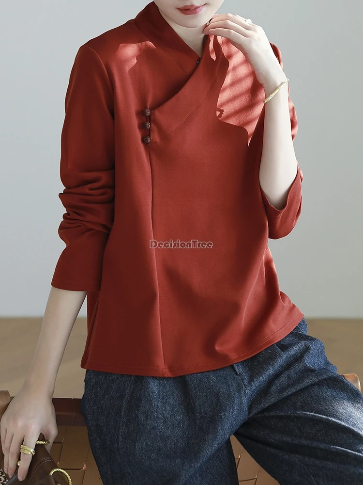 

2025 chinese retro national style improved cross collar long-sleeved t-shirt retro cheongsam button qipao loose tang suit top