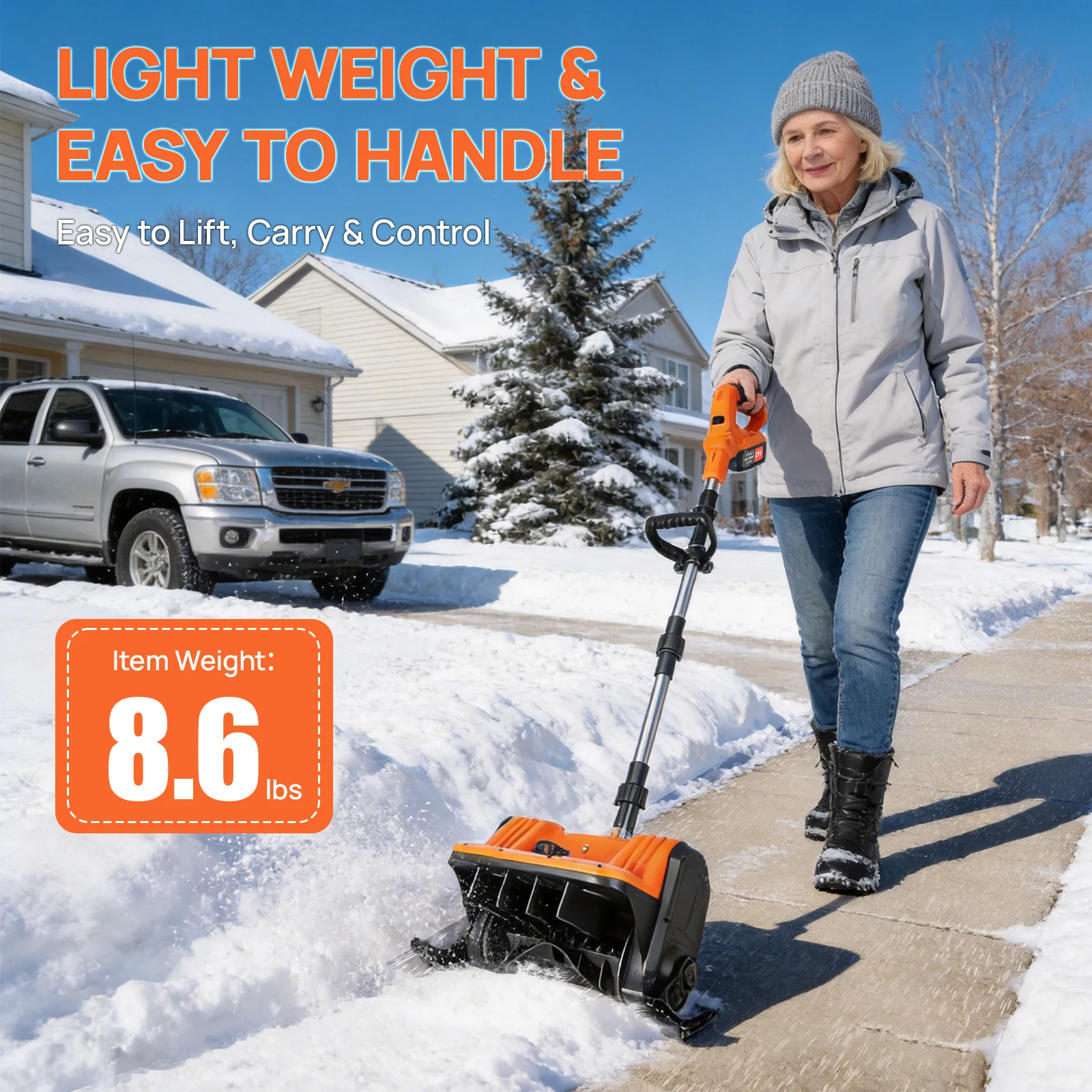13-Inch 3-Fold Cordless Electric Snow Shovel Brushless Foldable Design with Ski Wheels 21V With 2 x 4.0Ah Batteries for Driveways Steps Patios and Sidewalks