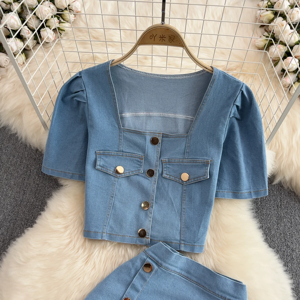 Women\'s Set Jeans 2 Pieces Suits Woman Matching Sets Buttons Jumpers Mini Skirt Short Sleeve Female Clothes Costumes