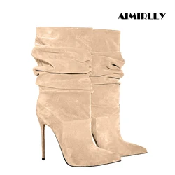 Women Beige Suede Slouch Pointed Toe Stiletto Ankle Boots Multi-color