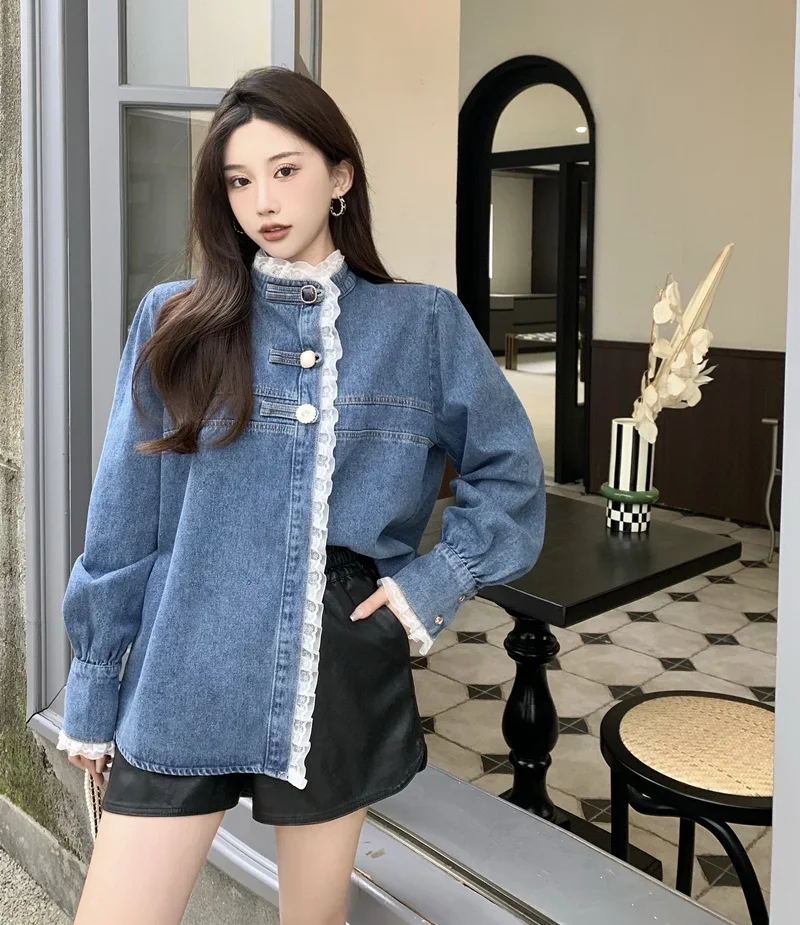 Spring Lace Denim Shirt Women Fashion Patchwork Long Sleeve Blouse Female Loose Stand Collar Button Down Jean Shirts Woman