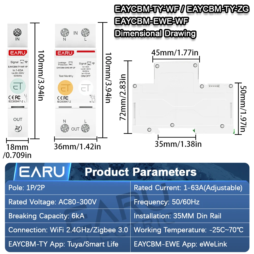 EARU Tuya EWeLink WiFi ZigBee Smart MCB Circuit Breaker kWh Energy Meter Voltage Current Protector Relay Switch Remote Control