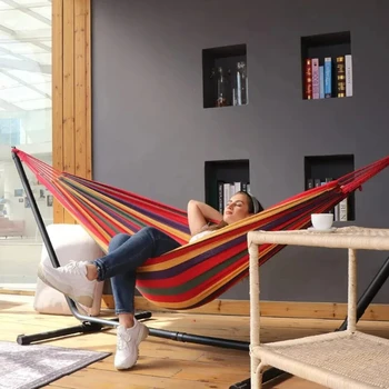 Outdoor Canvas Hammock Thickened Hammock Camping Swing Hammocks with Tree Ropes Anti Rollover Striped Hanging Chair Hammocks