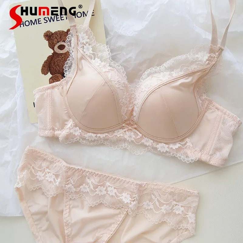 

French Lace Satin Bra Set for Women with Small Bust Daily Wear Wireless Underwear Suits Female Sexy Solid Color Intimates