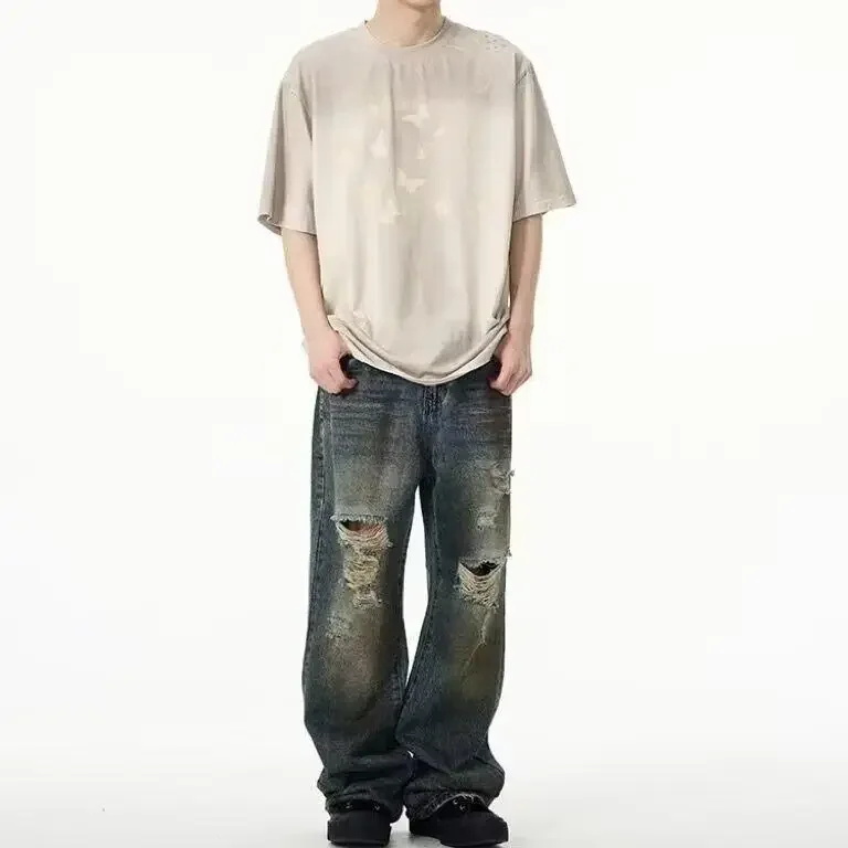 

Поп-мужские винтажные американские рваные джинсы, свободные и утягивающие прямые брюки с потертым эффектом на лето.
