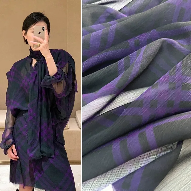 Spring and Summer European and American Fashion Chemical Fiber Shunyu Printed Purple Ultra-thin Transparent High Fixed  Fabric