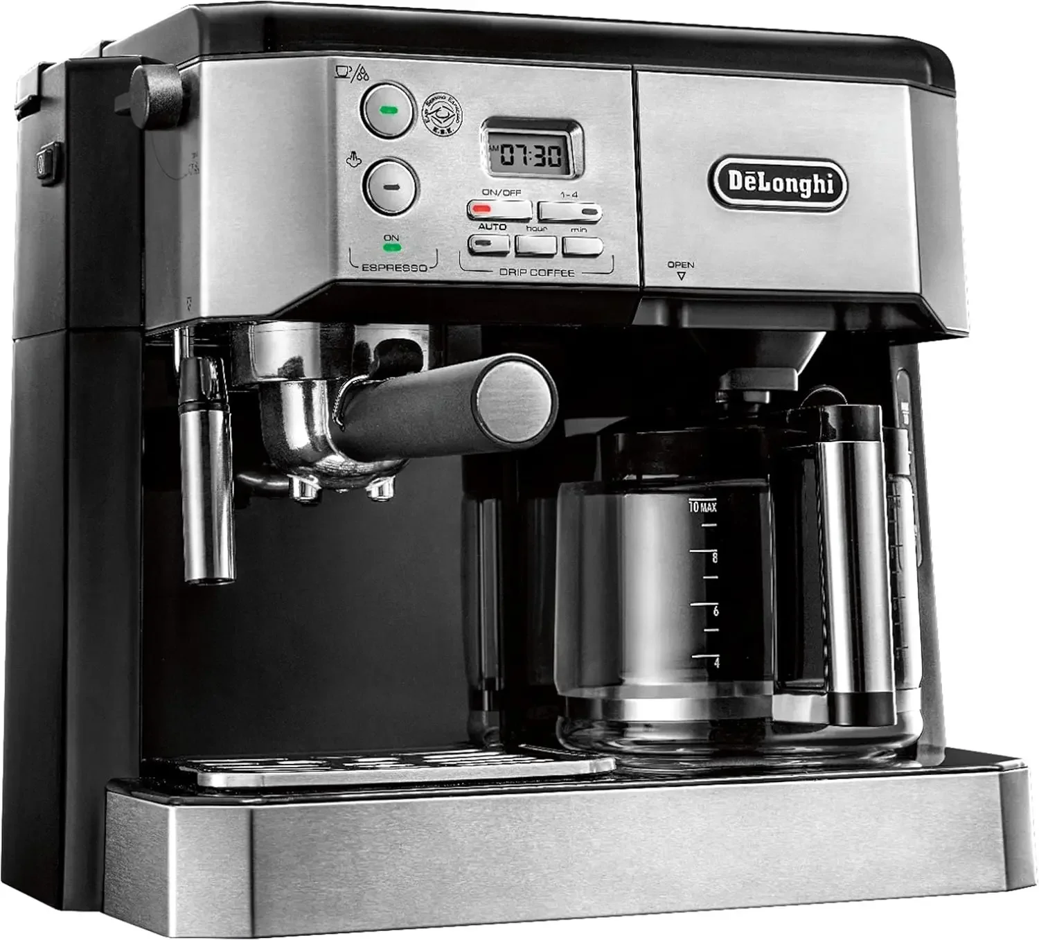 BCO430 Combination Pump Espresso and 10-Cup Drip Coffee Machine with Frothing Wand, Silver and Black