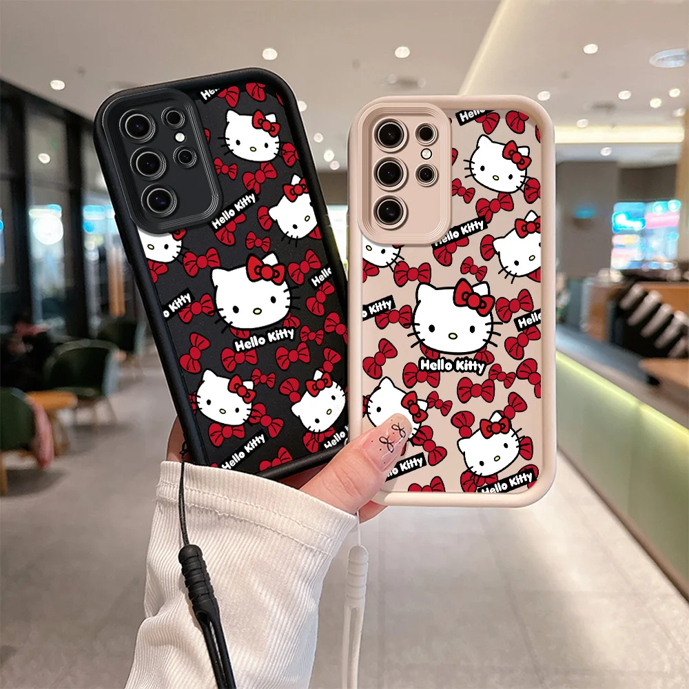 Cute Sanrios Bow Hello Kitty Phone Case for Samsung S24 S23 S22 S21 S20 Note 20 FE Plus Ultra 5G Soft TPU Cover With Hand Strap