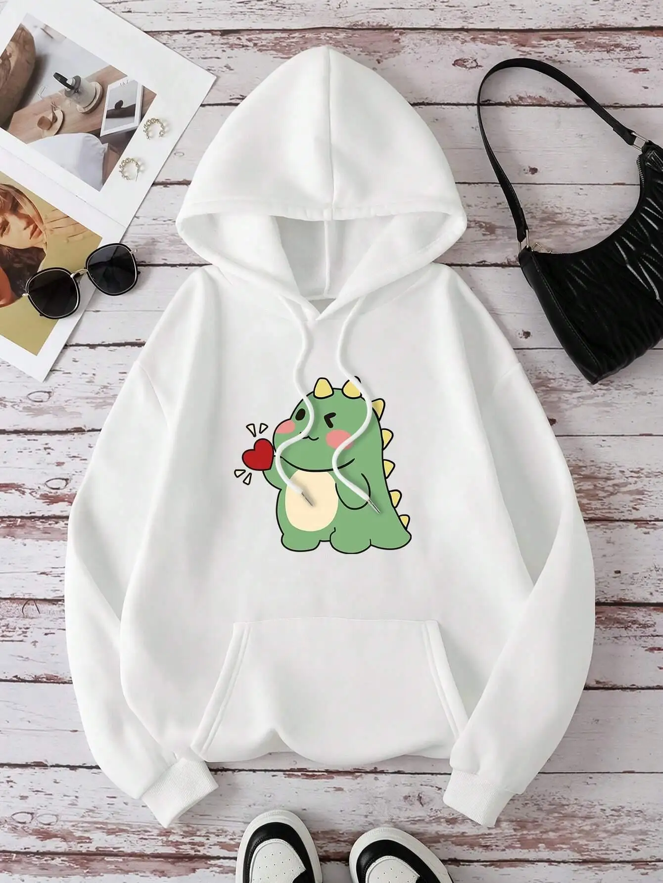 Cute Little Dinosaur Confesses Love Print Hoodies Womens Autumn Oversize Hoodie Simple Fleece Sweatshirts Street S-XXL Hoody