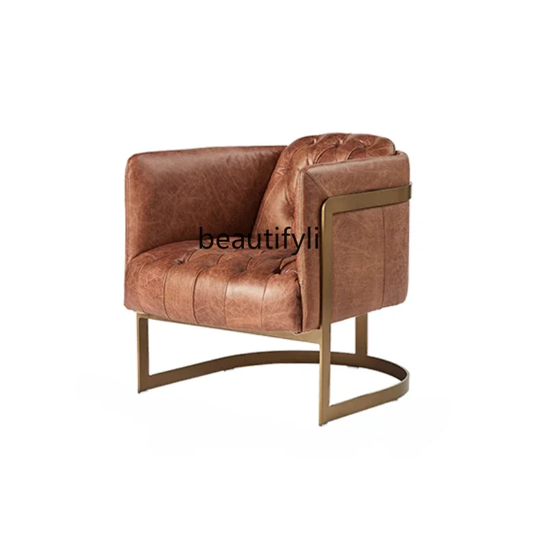 

British Design Nordic Leather Single Sofa Retro Leisure Chair First Layer Cowhide Armchair living room furniture