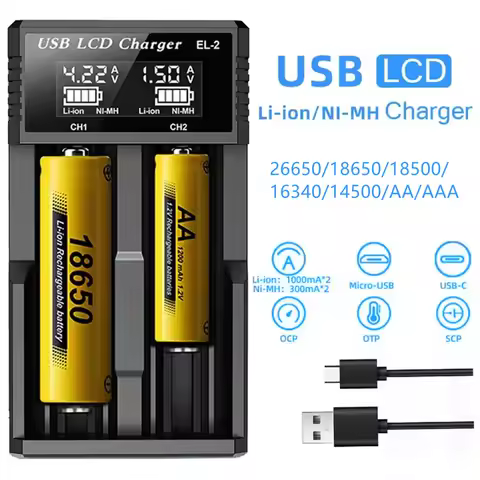 USB LCD Battery Smart Charger 1 / 2 Slots Dual For 18650 3.7V Rechargeable Lithium Battery For 1.2V NI-MH AA / AAA Battery