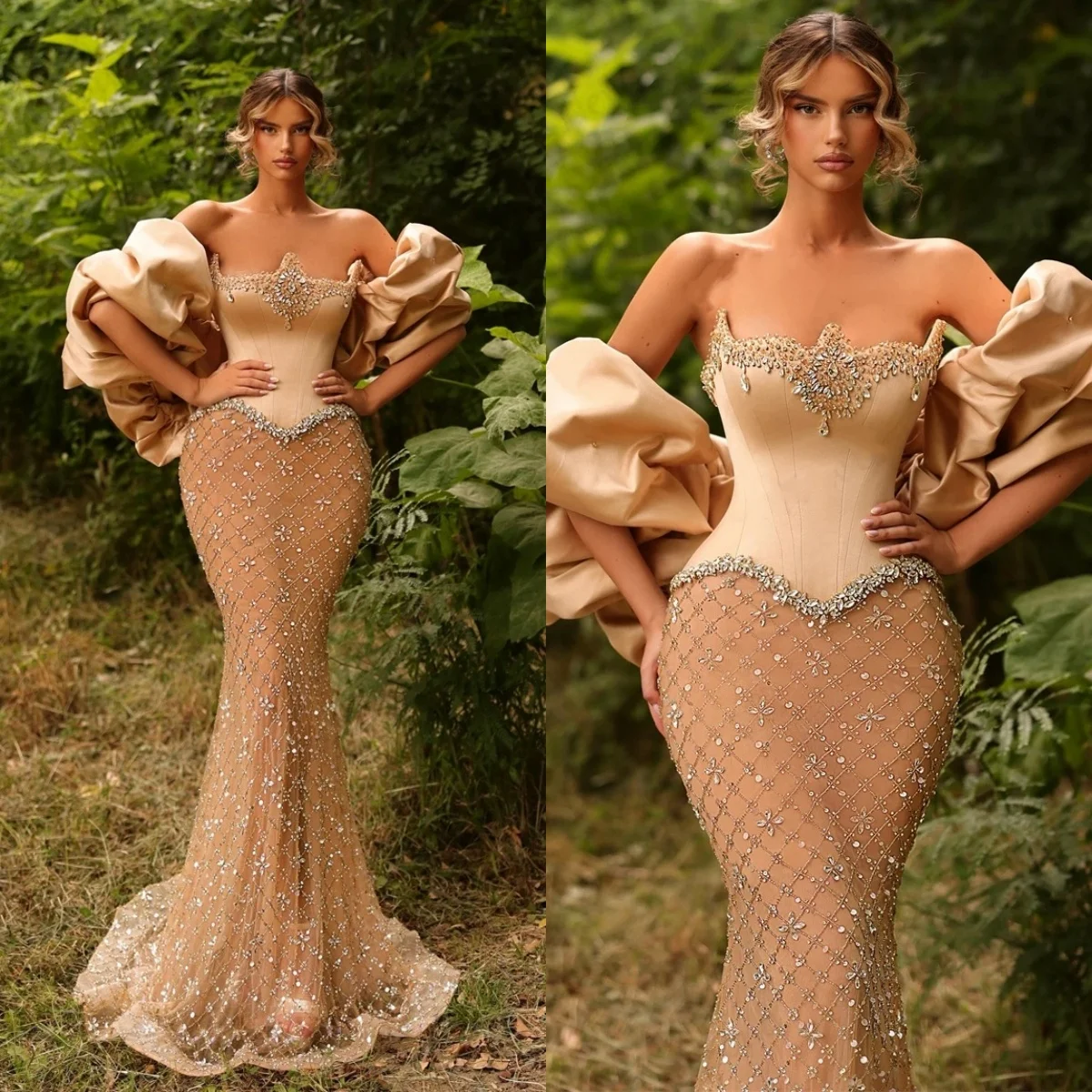 

Exquisite Evening Dresses Strapless Crystal Prom Dress Rhinestone Detachable Sleeves Mermaid Party Gowns Vestidos De Noche