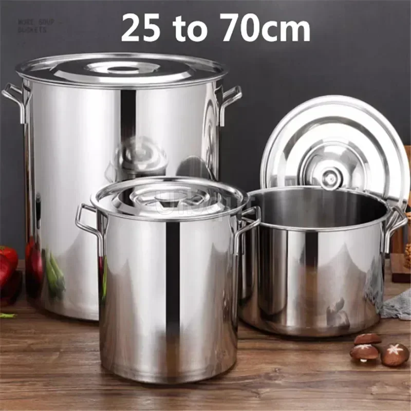 large Stainless steel thick Soup pot with handle lid big pot bucket pail water barrel household chef used kitchen cooking pots