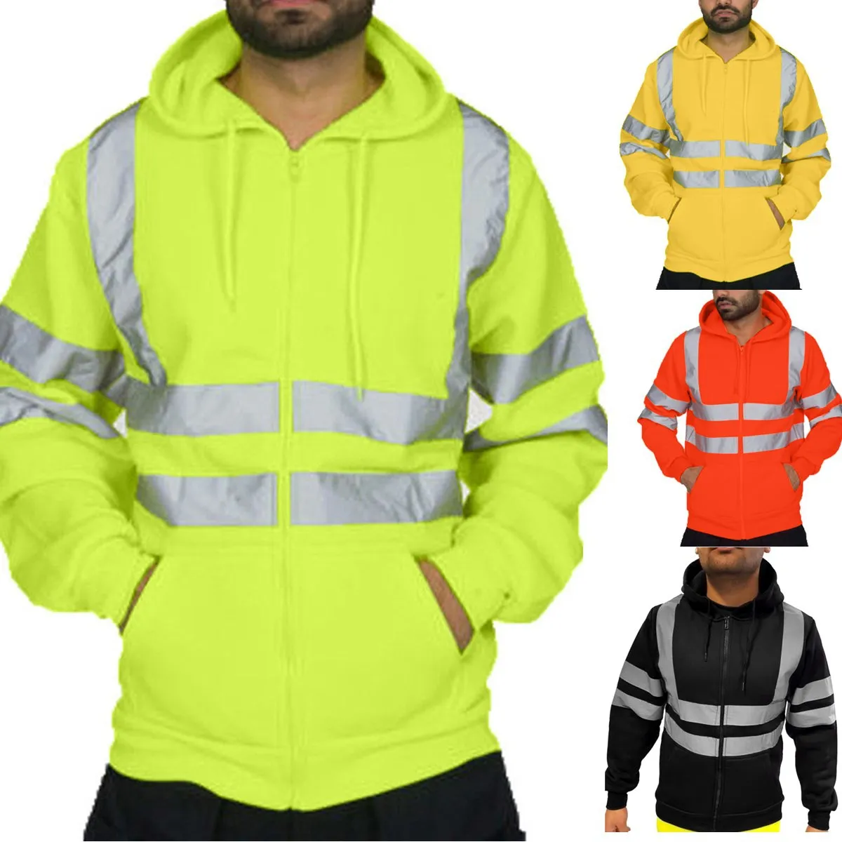 Men Reflective Stripe Hoodie Sweatshirt Long Sleeve Fitting Zipper Hooded Pullover Sanitation Workers Work Clothes Sweatshirt