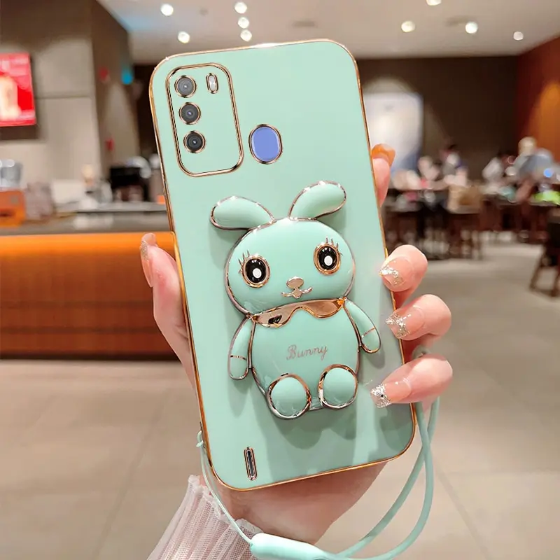 Phone Case For Infinix Vision 1 Pro Infinix S16 Luxury Plating Square Rabbit Holder With Landyard Phone Case Cover