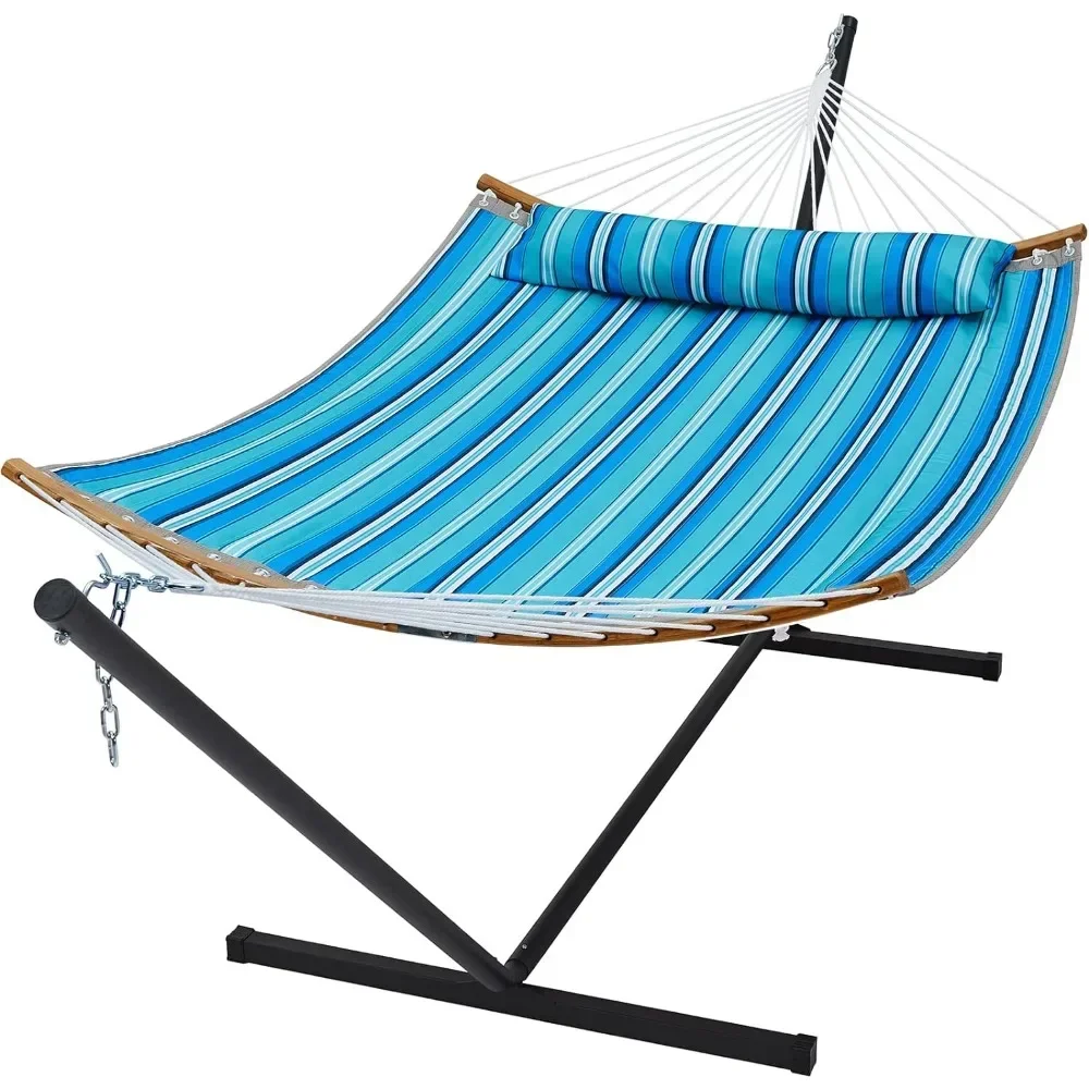 

Hammock with Stand, 2 Person Heavy Duty Hammock Frame, Detachable Pillow & Strong Curved-Bar, Aqua Blue Hammock