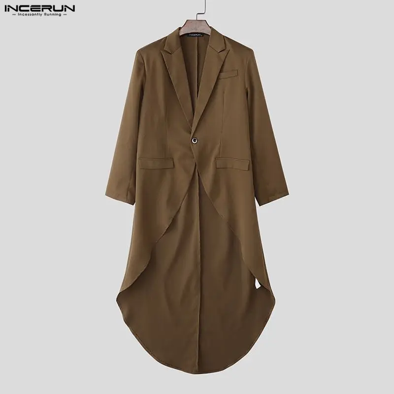 

INCERUN Men Irregular Blazer Solid Color Lapel Long Sleeve Male Suit Streetwear One Button Fashion Casual Long Style Blazer Men