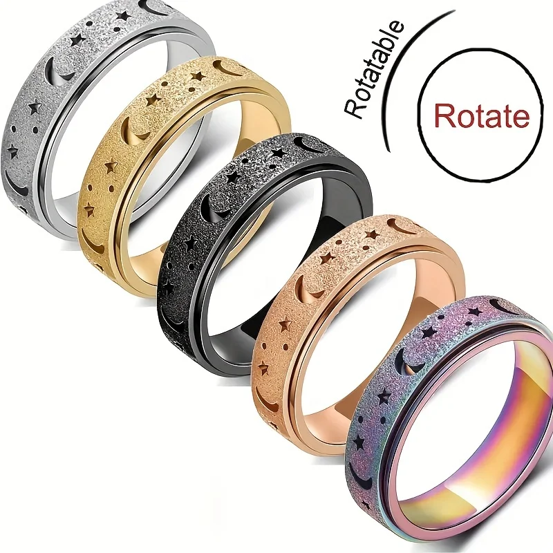 1pc Anxiety/ Fidget Ring Made Of Stainless Steel Rotatable Design Trendy Moon And Star Design Multi Colors To Choose Match